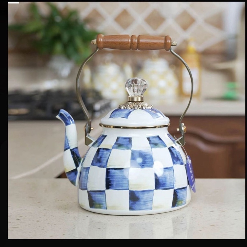 Blue and White Checkered Porcelain Teapot with Wooden Handle